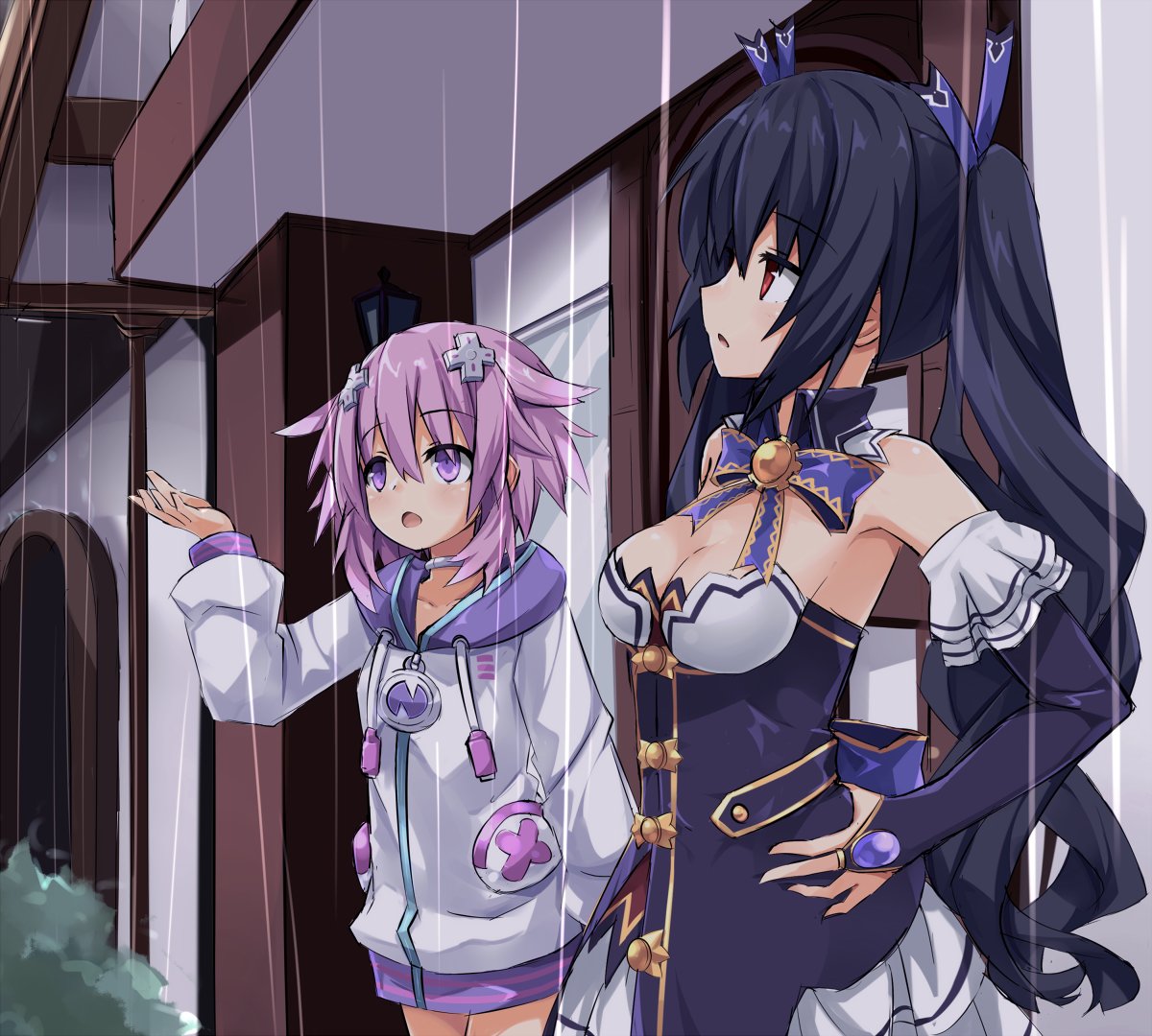 2girls bare_shoulders black_hair breasts d-pad d-pad_hair_ornament hair_ornament himajin_(starmine) long_hair medium_breasts multiple_girls neptune_(neptune_series) neptune_(series) noire open_mouth purple_hair rain red_eyes twintails