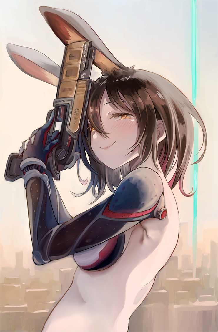 1girl animal_ear_fluff animal_ears armpit_crease bangs breasts brown_hair cityscape closed_mouth from_side gun hair_between_eyes half-closed_eyes handgun heri holding holding_gun holding_weapon hololive looking_at_viewer mechanical_arm medium_breasts pistol rabbit_ears roboco-san short_hair smile solo upper_body weapon yellow_eyes