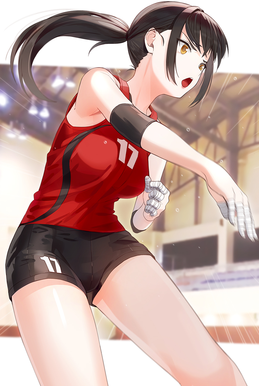 1girl bandaged_fingers bandages bangs bare_shoulders black_hair black_shorts blurry blurry_background breasts brown_eyes commentary_request highres indoors kfr large_breasts long_hair open_mouth original ponytail red_shirt shirt short_shorts shorts sleeveless sleeveless_shirt sportswear upper_teeth
