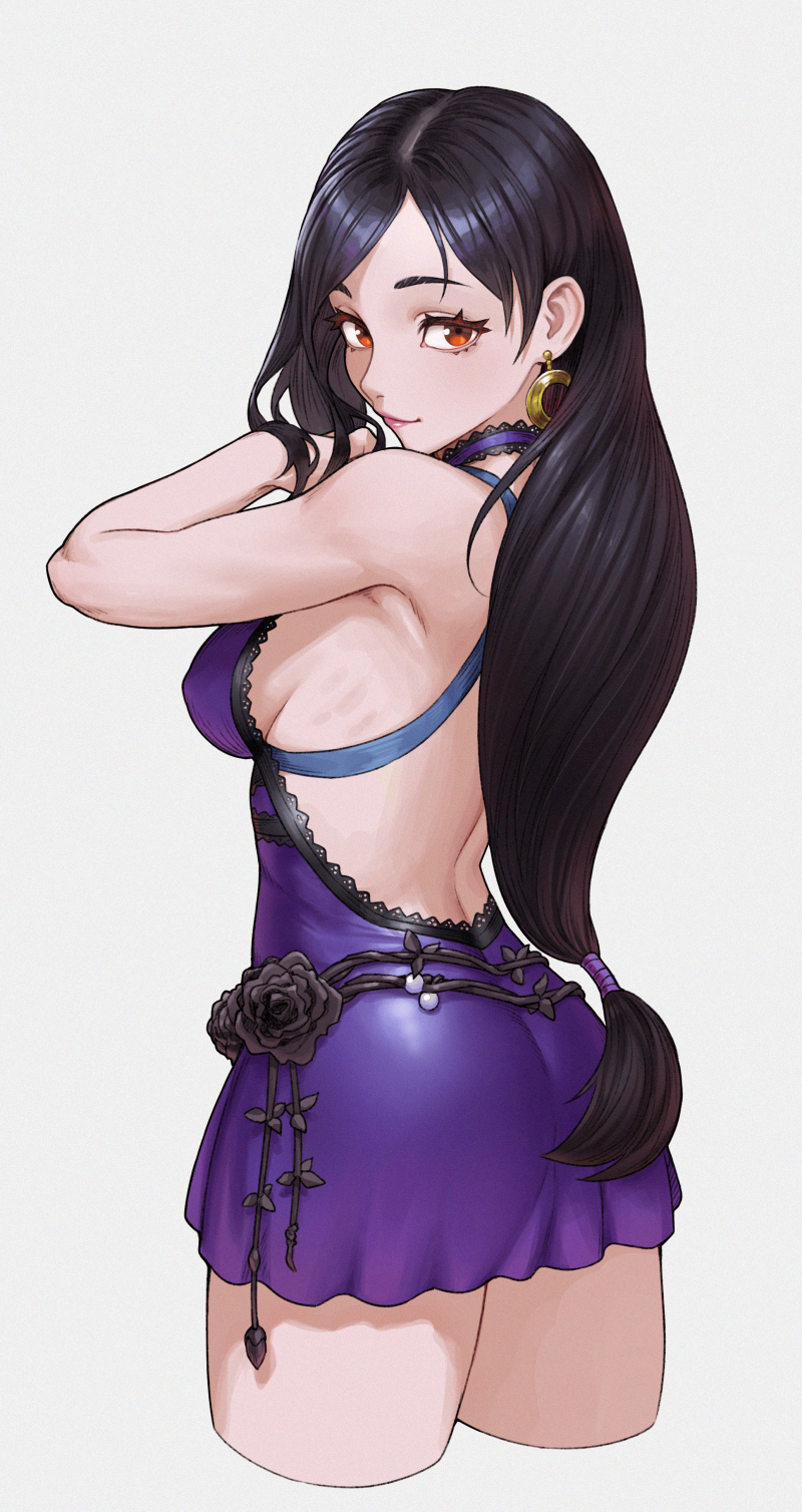 1girl arm_up armpits ass back backless_dress backless_outfit bare_arms bare_shoulders black_flower black_hair black_rose breasts cheshirrr choker closed_mouth cropped_legs dress earrings final_fantasy final_fantasy_vii final_fantasy_vii_remake flower from_behind highres jewelry long_hair looking_at_viewer looking_back low-tied_long_hair medium_breasts pink_lips purple_choker red_eyes rose short_dress sideboob sleeveless sleeveless_dress smile solo tifa_lockhart very_long_hair