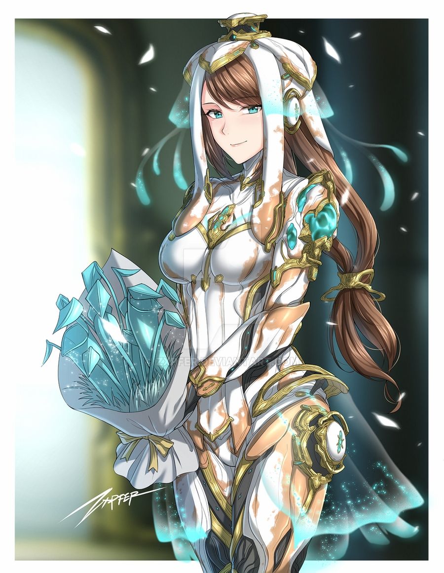 1girl artist_name blue_eyes blurry blurry_background breasts brown_hair cowboy_shot deviantart_logo eyebrows_visible_through_hair glowing holding long_hair looking_at_viewer medium_breasts science_fiction see-through smile solo standing tagme warframe watermark zxpfer