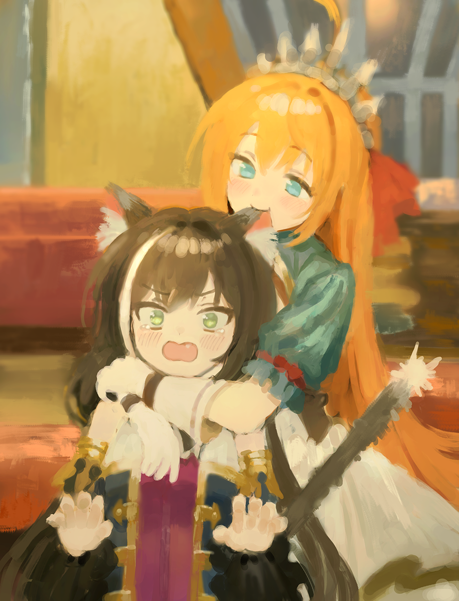 2girls :o animal_ear_fluff animal_ears black_hair blue_eyes blush cat_ears cat_tail dress gloves green_eyes hair_ribbon highres hug hug_from_behind indoors karyl_(princess_connect!) long_hair multicolored_hair multiple_girls nibbling orange_hair pecorine princess_connect! princess_connect!_re:dive red_ribbon ribbon short_sleeves sitting sonchi streaked_hair tail tiara very_long_hair white_gloves white_hair