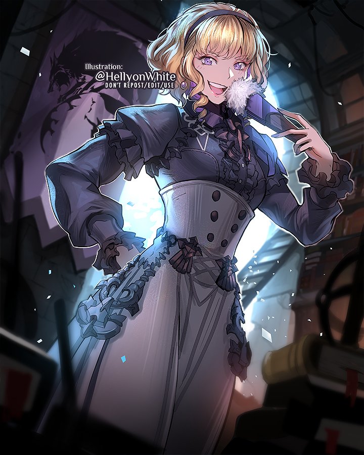 1girl blonde_hair book constance_von_nuvelle earrings fan fire_emblem fire_emblem:_three_houses folding_fan garreg_mach_monastery_uniform hairband holding holding_fan jewelry long_sleeves multicolored_hair open_mouth paula_biedma purple_hair short_hair solo twitter_username uniform violet_eyes