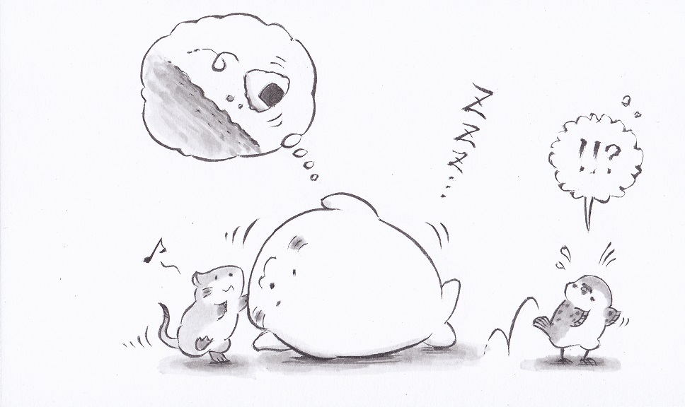 !? :3 animal animal_focus bird closed_mouth commentary_request dreaming eurasian_tree_sparrow food hiraoka_senitsu monochrome mouse musical_note no_humans onigiri original rodent rolling seal_(animal) simple_background sparrow standing standing_on_one_leg sweatdrop thought_bubble white_background zzz
