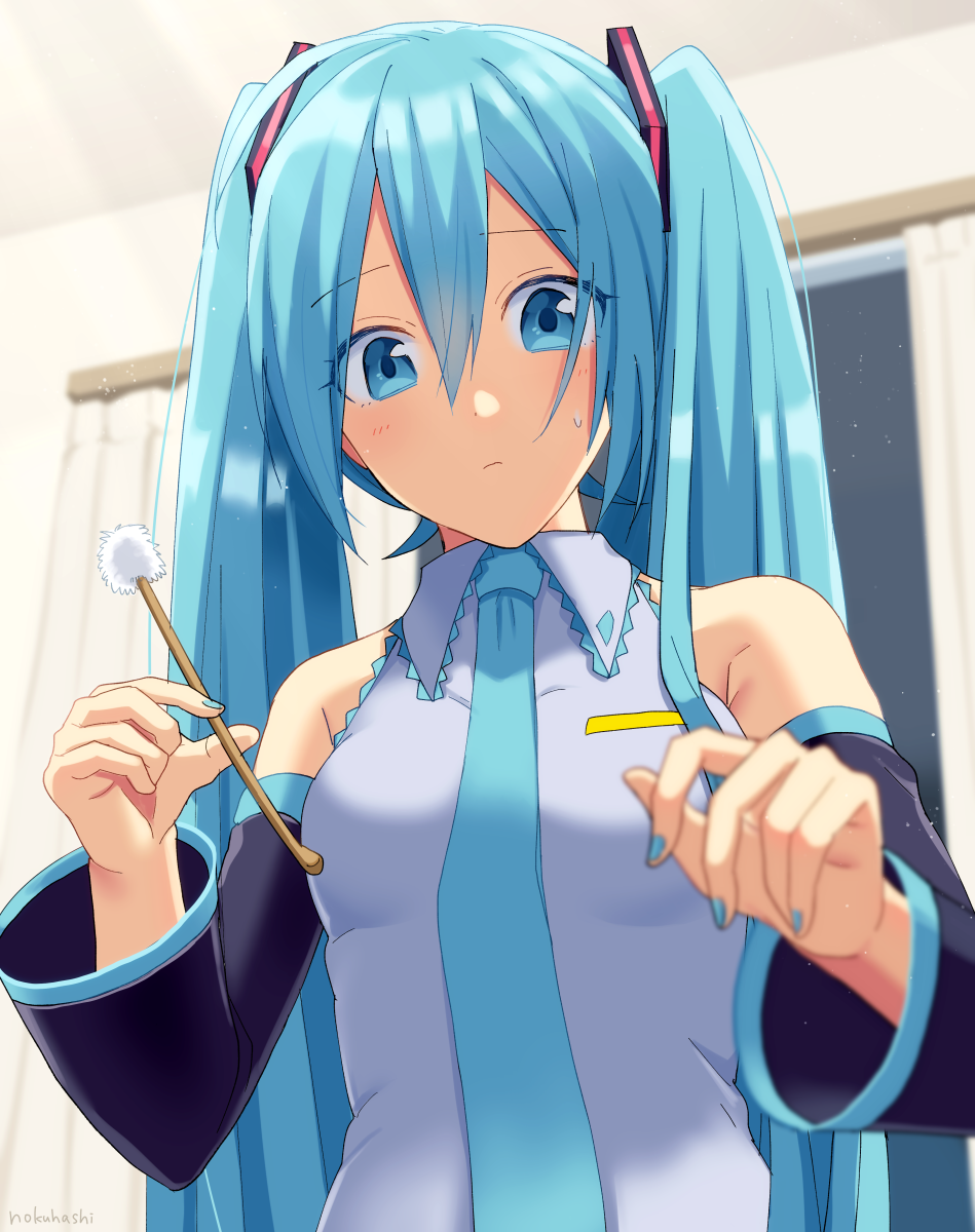 1girl aqua_eyes aqua_hair aqua_nails aqua_neckwear bare_shoulders black_sleeves blurry blurry_background blurry_foreground collar commentary curtains depth_of_field detached_sleeves expressionless frilled_collar frills grey_shirt hair_ornament hatsune_miku highres holding indoors light_blush long_hair looking_at_viewer mimikaki nail_polish necktie night night_sky nightgown nokuhashi room shirt shoulder_tattoo sky sleeveless sleeveless_shirt sweat tattoo twintails upper_body very_long_hair vocaloid window
