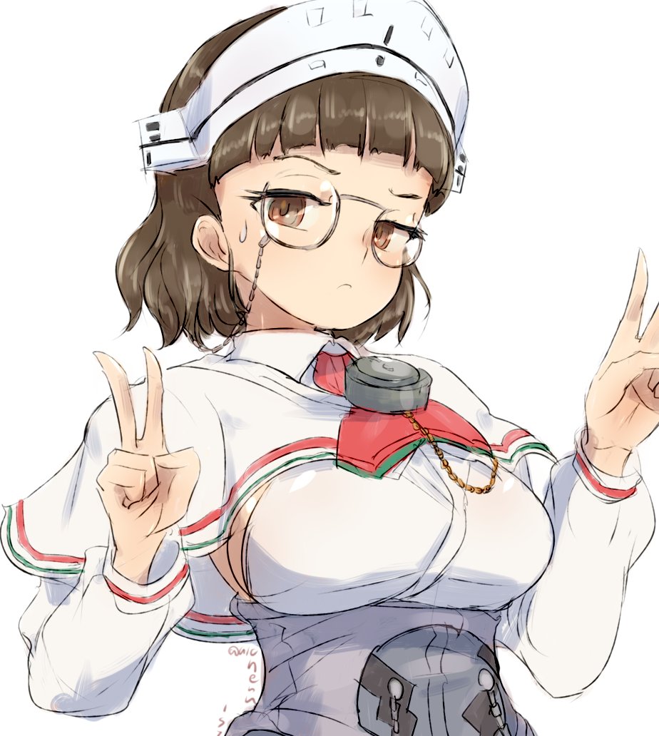 1girl alchera bangs blunt_bangs breasts brown_eyes brown_hair chain commentary_request double_v eyewear_chain frown glasses gold_chain headgear kantai_collection large_breasts medium_hair rating roma_(kantai_collection) sideboob simple_background sketch solo sweatdrop upper_body v white_background