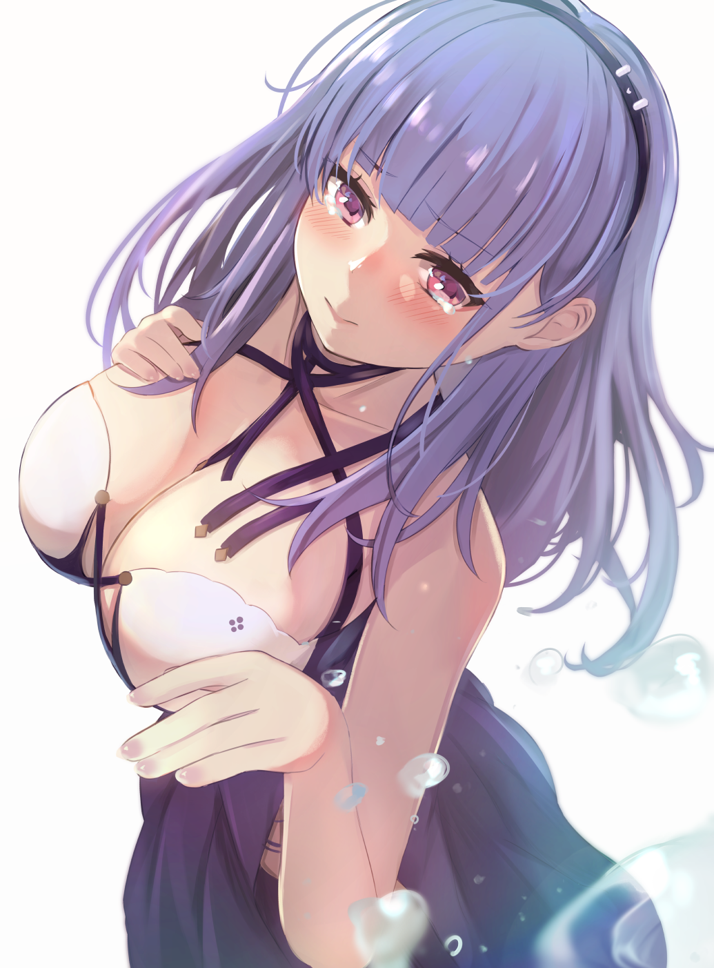 1girl azur_lane bare_shoulders blush breasts criss-cross_halter dido_(anxious_bisque_doll)_(azur_lane) dido_(azur_lane) dress eyebrows_visible_through_hair hair_ornament hairband halter_dress halterneck highres large_breasts long_dress long_hair looking_at_viewer pink_eyes ponyaru purple_dress purple_hair purple_hairband sleeveless sleeveless_dress solo