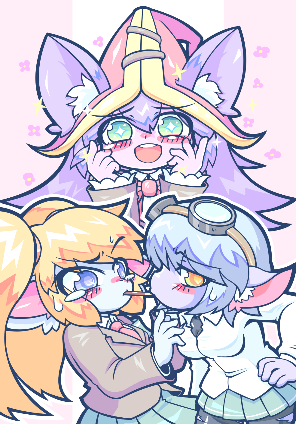 3girls :d animal_ear_fluff blonde_hair blush_stickers breasts commentary_request eyebrows_visible_through_hair food furrowed_eyebrows goggles goggles_on_head green_eyes green_skirt hat highres kayo!!_(gotoran) league_of_legends long_hair lulu_(league_of_legends) medium_breasts multiple_girls necktie open_mouth pink_background pleated_skirt pocky poppy purple_hair red_neckwear simple_background skirt smile sweat sweatdrop tristana violet_eyes yellow_eyes yordle yuri