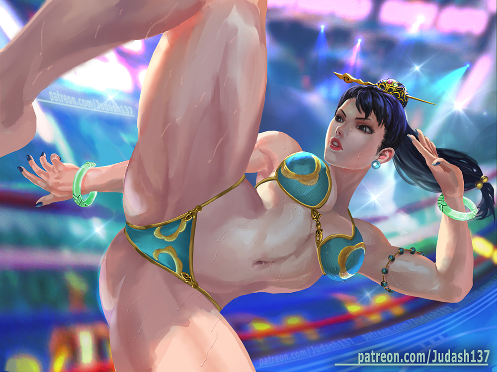 1girl armpits ass bikini black_hair bracelet breasts capcom china_dress chinese_clothes chun-li cleavage collarbone dress earrings fantasy fighting_stance jewelry judash137 kicking large_breasts long_hair looking_at_viewer navel open_mouth parted_lips short_hair solo street_fighter sweat swimsuit thick_thighs thighs toned wet white_skin