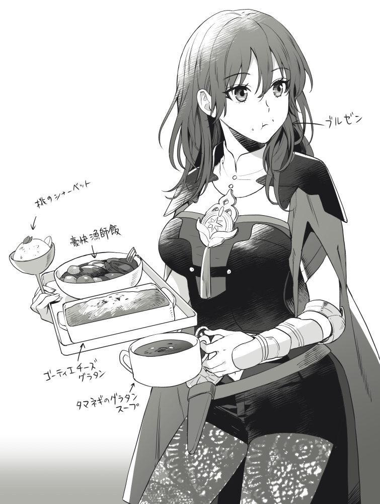 1girl byleth_(fire_emblem) byleth_eisner_(female) closed_mouth dagger eating fire_emblem fire_emblem:_three_houses food food_on_face greyscale holding holding_tray looking_to_the_side monochrome pantyhose sheath sheathed short_shorts shorts simple_background solo tray weapon white_background yamyom