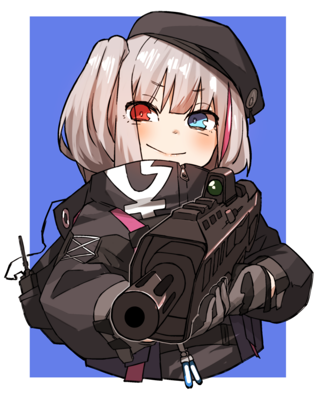 1girl amonitto beret black_headwear blue_background blue_eyes bullpup commentary_request desert_tech_mdr girls_frontline gloves gun hat hetero jacket looking_at_viewer mdr_(girls_frontline) multicolored_hair one_side_up red_eyes rifle silver_hair smile solo streaked_hair weapon