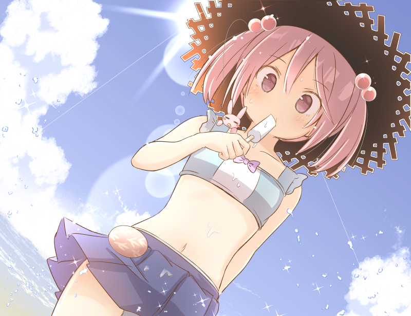 1girl animal animal_on_shoulder bangs bare_shoulders bikini blue_bikini blue_skirt blue_sky blush breasts brown_eyes brown_headwear clouds collarbone commentary_request day eating eyebrows_visible_through_hair food fujisaki_yuu hair_between_eyes hair_bobbles hair_ornament hat holding holding_food horizon ice_cream kantai_collection navel ocean outdoors pink_hair pleated_skirt rabbit sazanami_(kantai_collection) skirt sky small_breasts solo sparkle standing straw_hat sun sweat swimsuit twintails water water_drop