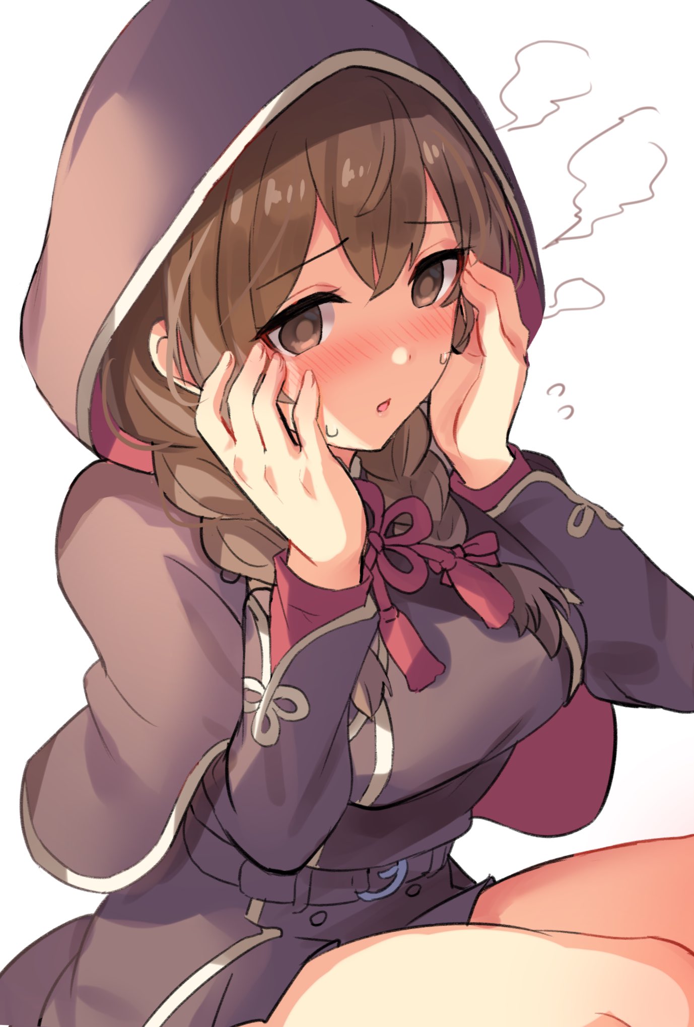 1girl bangs blush braid breasts brown_hair capelet eyebrows_visible_through_hair flying_sweatdrops hair_between_eyes hair_ribbon highres hood hood_up hooded_capelet kantai_collection large_breasts long_hair long_sleeves open_mouth ribbon senbei_(senbe_i) shinshuu_maru_(kantai_collection) simple_background solo steam sweat twin_braids white_background