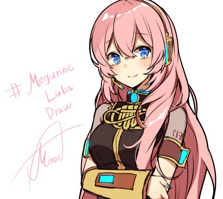 1girl amulet arm_warmers armband asagao_minoru bangs black_shirt blue_eyes blue_nails character_name commentary crossed_arms eyebrows_visible_through_hair gold_trim hair_between_eyes hashtag headphones light_smile long_hair looking_at_viewer lowres megurine_luka nail_polish pink_hair see-through shirt short_sleeves shoulder_tattoo signature solo tattoo upper_body very_long_hair vocaloid white_background