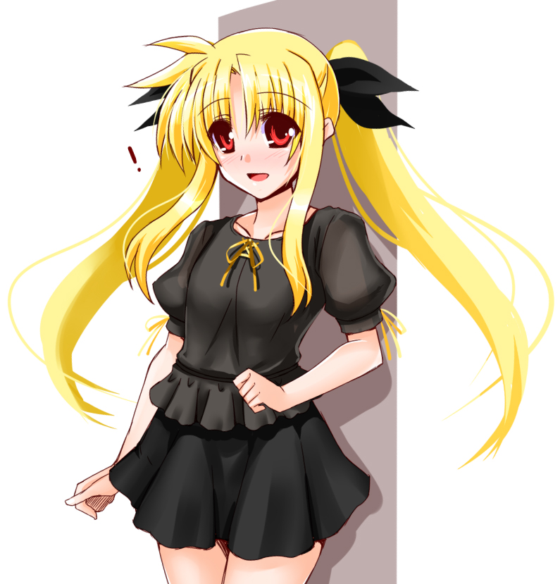 ! 1girl :d bangs black_bow black_shirt black_skirt blonde_hair blush bow collarbone cowboy_shot engo_(aquawatery) eyebrows_visible_through_hair fate_testarossa floating_hair hair_between_eyes hair_bow long_hair looking_at_viewer lyrical_nanoha mahou_shoujo_lyrical_nanoha miniskirt neck_ribbon open_mouth pleated_skirt red_eyes ribbon shiny shiny_hair shirt short_sleeves sketch skirt smile solo standing twintails very_long_hair white_background yellow_ribbon