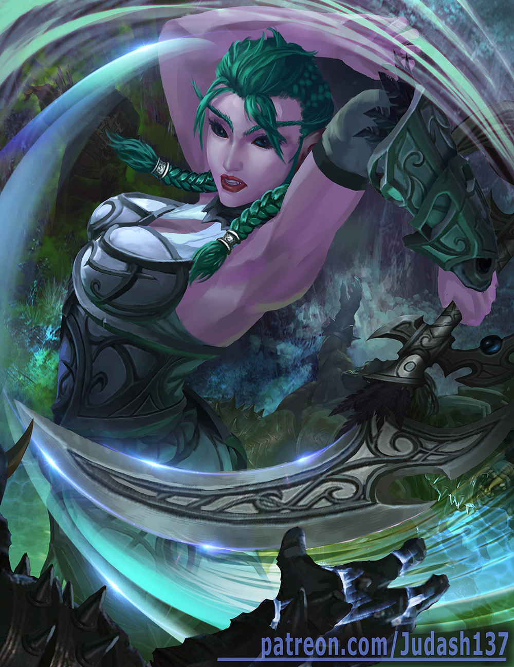 1girl armor arms_behind_head ass bare_shoulders breasts censored collar dress elf green_hair heroes_of_the_storm highres jewelry judash137 long_hair looking_at_viewer medium_breasts open_mouth paid_reward patreon_reward pointy_ears purple_skin solo tyrande_whisperwind warcraft weapon white_ world_of_warcraft