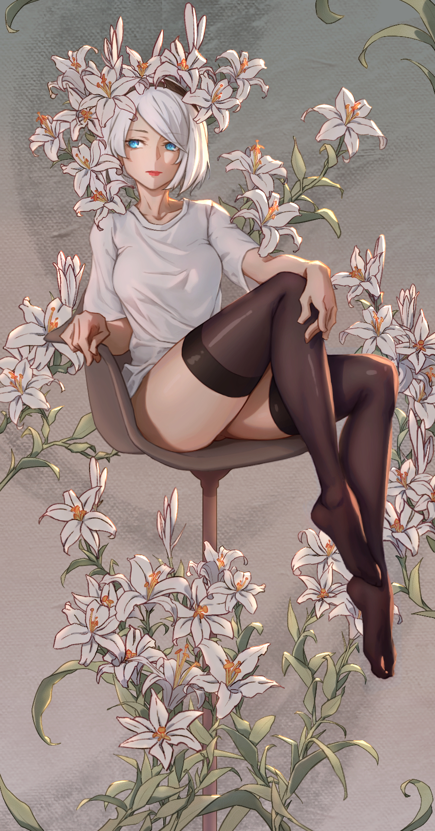 1girl bangs bar_stool black_hairband black_legwear blue_eyes bob_cut bottomless chair chinese_commentary collarbone commentary flower hairband highres knee_up lily_(flower) lips lipstick looking_away makeup nier_(series) nier_automata no_shoes on_chair p21752090 shirt short_hair sitting stool swept_bangs t-shirt thigh-highs white_flower white_hair white_shirt yorha_no._2_type_b