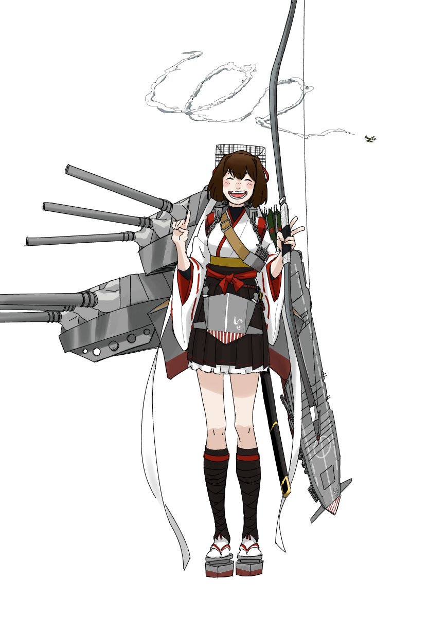 1girl aircraft arrow_(projectile) bangs blush bow_(weapon) brown_hair closed_eyes flight_deck hair_ribbon highres holding holding_bow_(weapon) holding_weapon ise_(kantai_collection) kantai_collection nontraditional_miko open_mouth ponytail remodel_(kantai_collection) ribbon ribbon-trimmed_sleeves ribbon_trim rigging sheath sheathed simple_background skirt smoke solo standing sword tsukatsuka v weapon white_background wide_sleeves