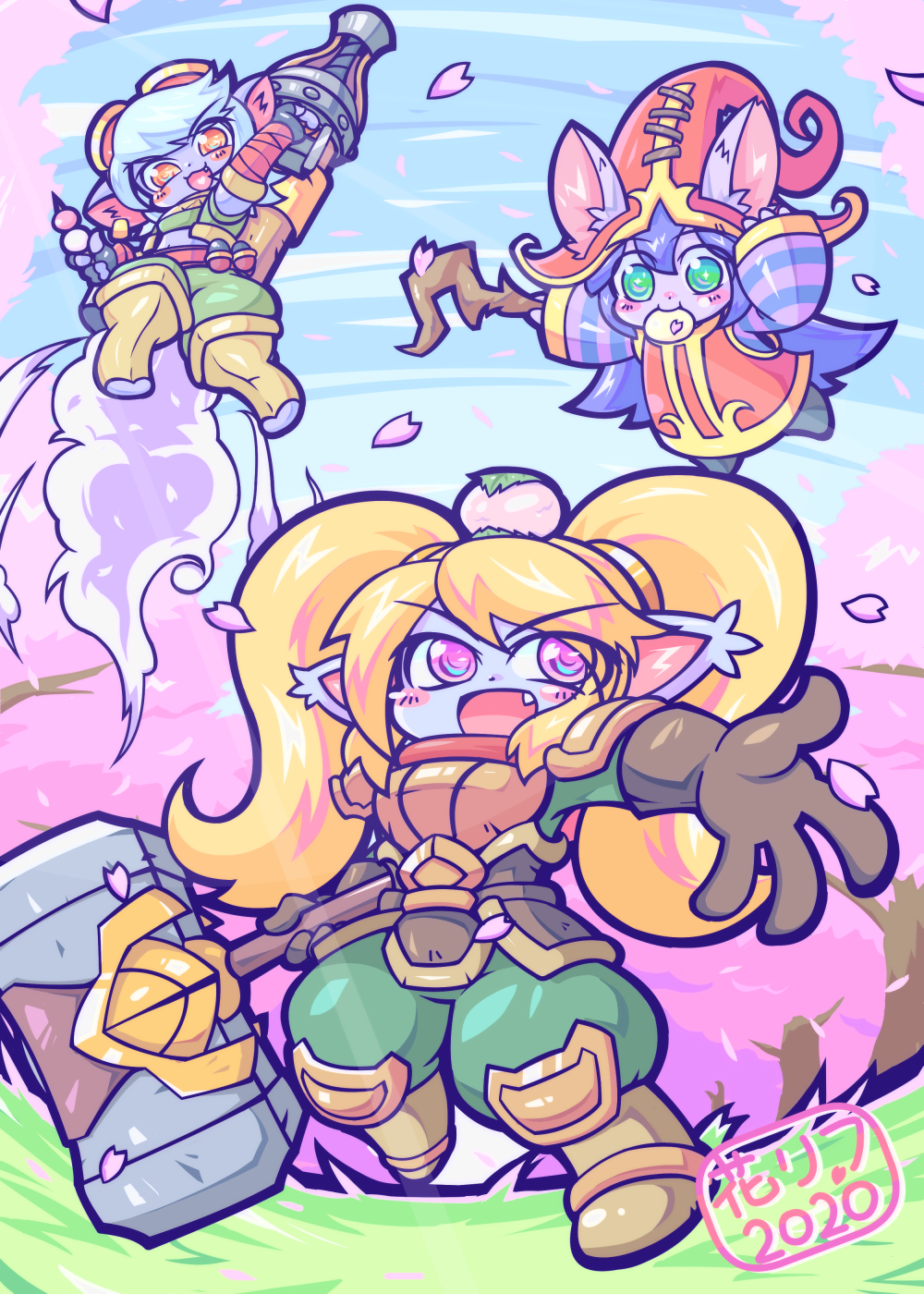 3girls :3 :d animal_ears blonde_hair blush_stickers cherry_blossoms commentary_request dango eyebrows_visible_through_hair fang food food_in_mouth goggles goggles_on_head green_eyes highres holding holding_hammer kayo!!_(gotoran) league_of_legends long_hair looking_at_viewer lulu_(league_of_legends) medium_hair multiple_girls open_mouth orange_eyes poppy rocket_jumping silver_hair smile striped_sleeves tristana violet_eyes wagashi yordle