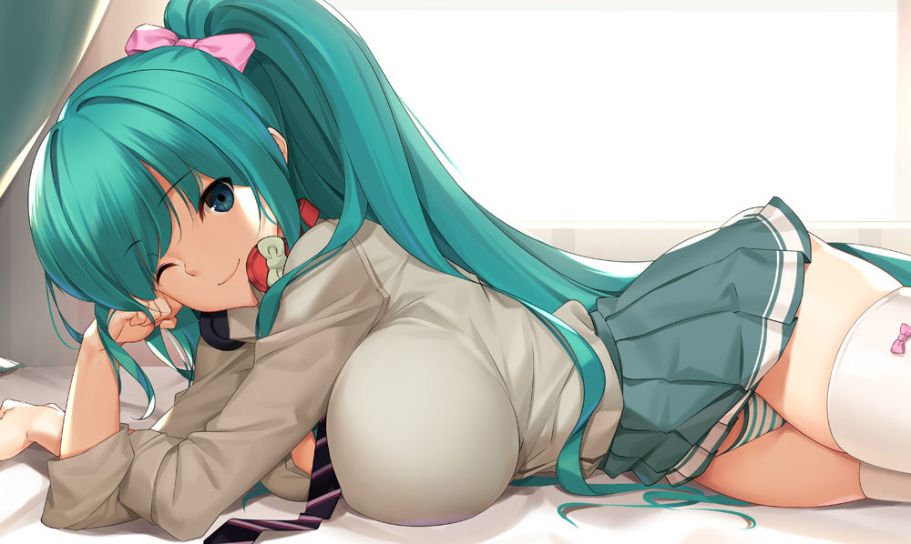 1girl ;) alternate_hairstyle aqua_eyes aqua_hair bow bow_legwear breasts commentary dakimakura english_commentary eyebrows_visible_through_hair grey_shirt hatsune_miku headphones headphones_around_neck indoors large_breasts looking_at_viewer lying necktie on_side one_eye_closed panties pink_bow pleated_skirt ponytail shirt skirt smile solo striped striped_panties thigh-highs tony_guisado underwear vocaloid white_legwear