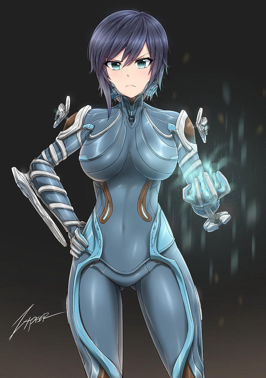 1girl artist_name black_hair blue_eyes blush bodysuit breasts character_request covered_navel eyebrows_visible_through_hair eyes_visible_through_hair frown hair_between_eyes highres large_breasts looking_at_viewer short_hair skin_tight solo tight warframe watermark zxpfer
