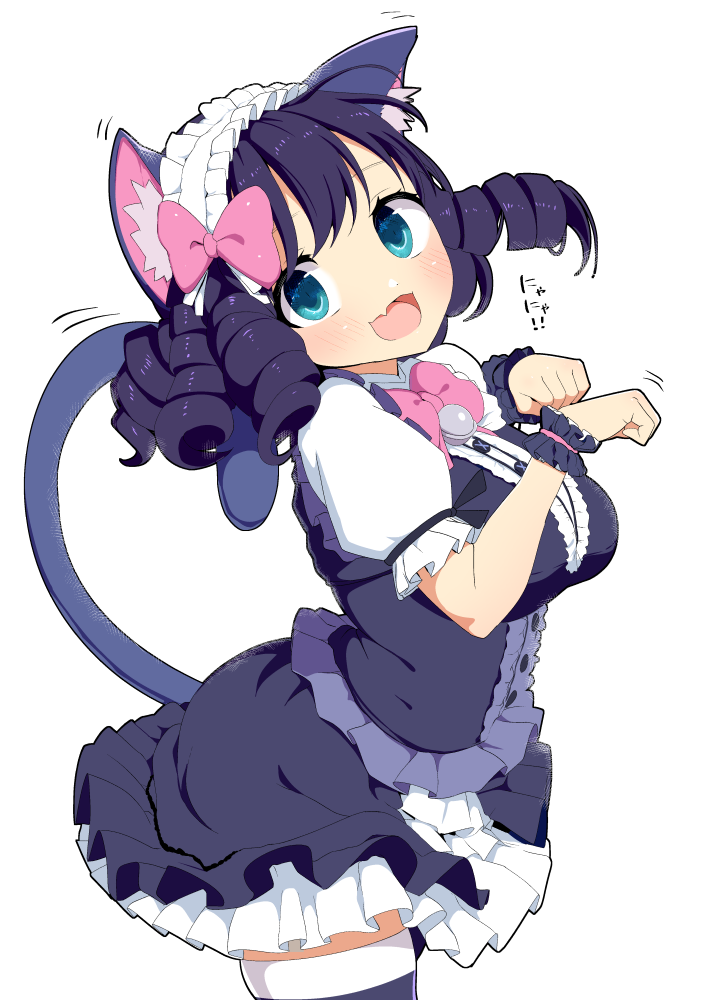 1girl animal_ear_fluff animal_ears aqua_eyes blush bow cat_ears cat_tail curly_hair cyan_(show_by_rock!!) dress fang frilled_bracelet frilled_shirt_collar frilled_skirt frilled_sleeves frills hair_ornament looking_at_viewer maid_headdress open_mouth paw_pose purple_dress purple_hair ringlets show_by_rock!! simple_background skirt smile solo tail thigh-highs tottotonero