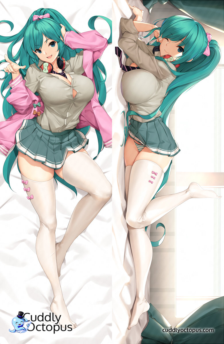 1girl :d ;) alternate_hairstyle aqua_eyes aqua_hair between_breasts bow bow_legwear breasts commentary cowboy_shot cuddly_octopus dakimakura english_commentary eyebrows_visible_through_hair full_body grey_shirt hatsune_miku headphones headphones_around_neck highres indoors jacket large_breasts leg_up long_hair looking_at_viewer lying multiple_views necktie necktie_between_breasts no_bra on_back on_side one_eye_closed open_mouth panties pink_bow pink_jacket pleated_skirt ponytail shirt skirt smile striped striped_panties thigh-highs tony_guisado underwear very_long_hair vocaloid white_legwear