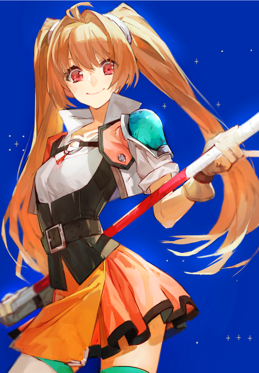 1girl ahoge blurry brown_hair cropped_jacket depth_of_field eiyuu_densetsu estelle_bright gloves hair_intakes highres holding holding_polearm holding_weapon jacket long_hair looking_at_viewer nishihara_isao polearm red_eyes shoulder_armor single_spaulder skirt smile solo sora_no_kiseki thigh-highs twintails very_long_hair weapon