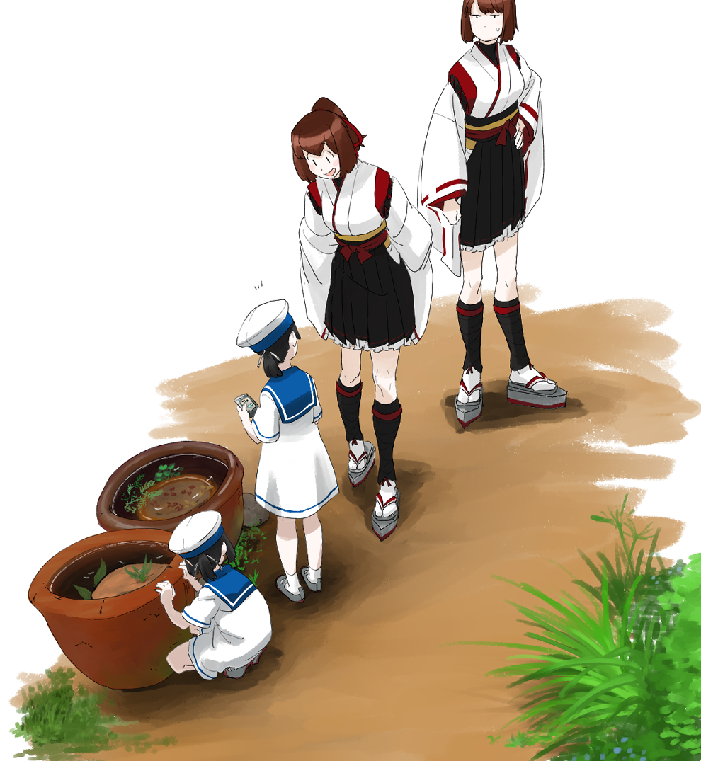 4girls bangs black_hair brown_hair daitou_(kantai_collection) dress grass hat hiburi_(kantai_collection) hyuuga_(kantai_collection) ise_(kantai_collection) kantai_collection long_sleeves multiple_girls no_mouth nontraditional_miko open_mouth plant ponytail pot potted_plant remodel_(kantai_collection) ribbon-trimmed_sleeves ribbon_trim sailor_collar sailor_dress sandals short_sleeves skirt squatting standing sweat tsukatsuka wide_sleeves