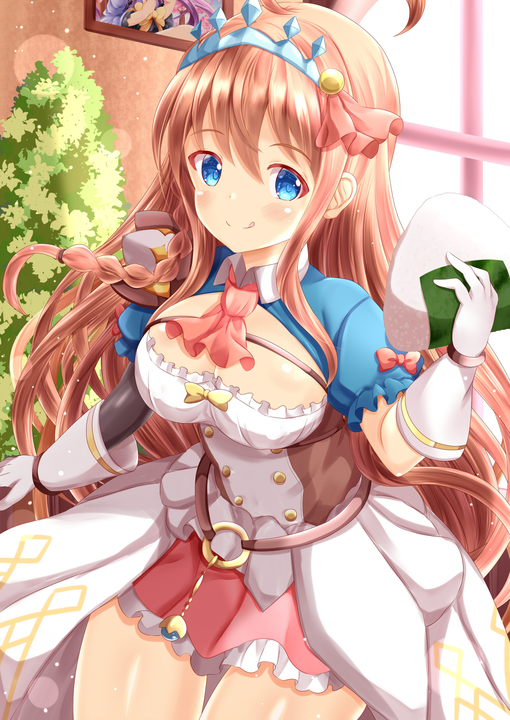 1girl :q ahoge ascot bangs blue_eyes blush brown_hair closed_mouth commentary_request day eyebrows_visible_through_hair food frilled_skirt frills gloves hair_between_eyes hair_ribbon highres holding holding_food indoors kyouka_(princess_connect!) long_hair onigiri pecorine photo_(object) pleated_skirt princess_connect! princess_connect!_re:dive red_neckwear red_ribbon red_skirt ribbon shrug_(clothing) skirt smile solo sunlight thigh_gap tiara tongue tongue_out very_long_hair white_gloves window zenon_(for_achieve)