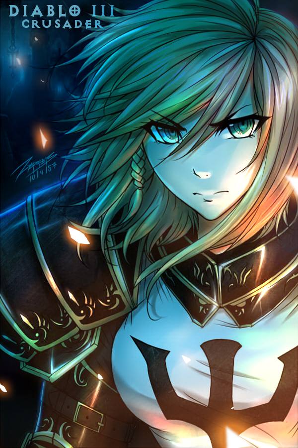 1girl armor artist_name blonde_hair braid breasts crusader deviantart_logo diablo_3 english_text eyebrows_visible_through_hair eyes_visible_through_hair glowing green_eyes hair_between_eyes lamp looking_at_viewer medium_breasts pauldrons portrait short_hair shoulder_armor solo watermark zxpfer