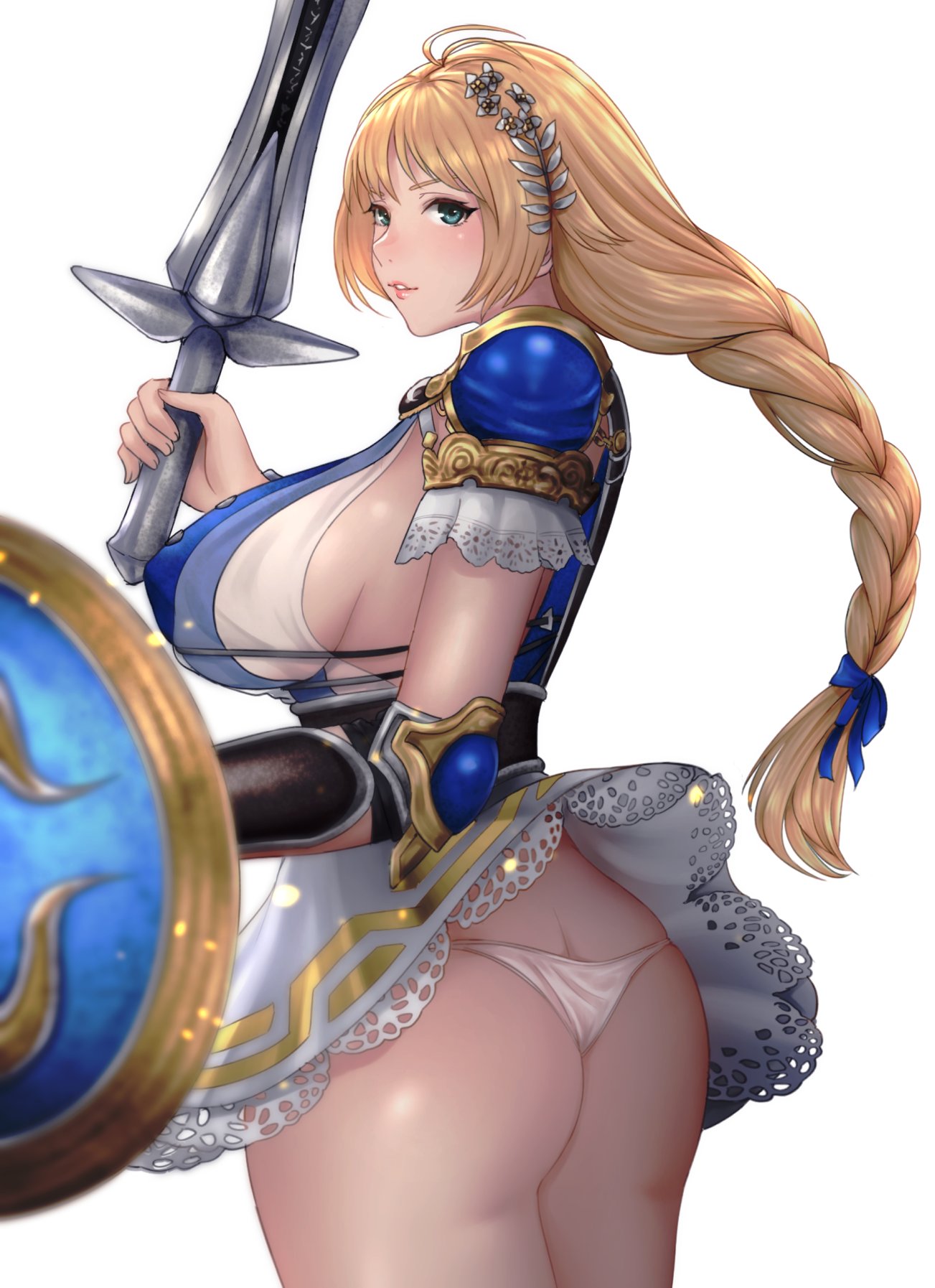 1girl ahoge armor armored_dress ass bangs blonde_hair blue_eyes blue_ribbon braid breasts commentary_request cross-laced_clothes dress from_side hair_ornament highres holding holding_sword holding_weapon large_breasts long_hair nyatokanyaru panties parted_lips ribbon shield sideboob single_braid skirt sophitia_alexandra soulcalibur standing sword thighs underwear vambraces weapon white_dress white_panties