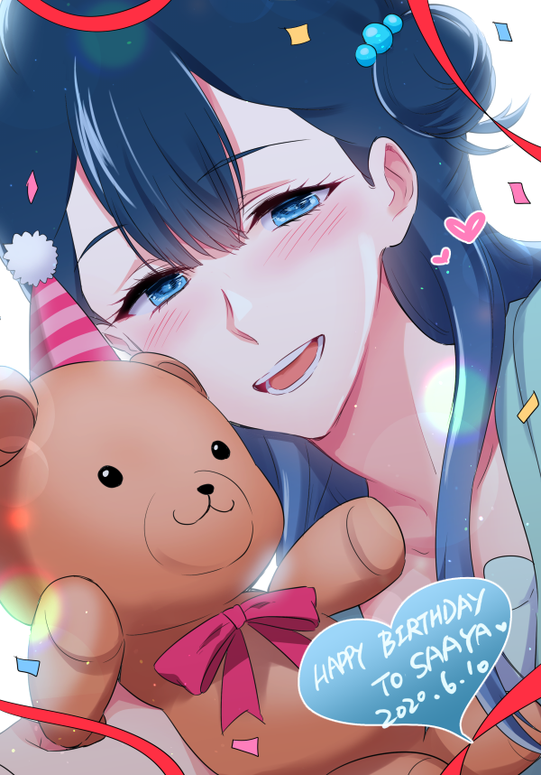 1girl blue_eyes blue_hair blush character_name dated hair_bun happy_birthday heart hugtto!_precure long_hair looking_at_viewer negom precure red_ribbon ribbon simple_background solo stuffed_animal stuffed_toy teddy_bear teeth upper_body white_background yakushiji_saaya