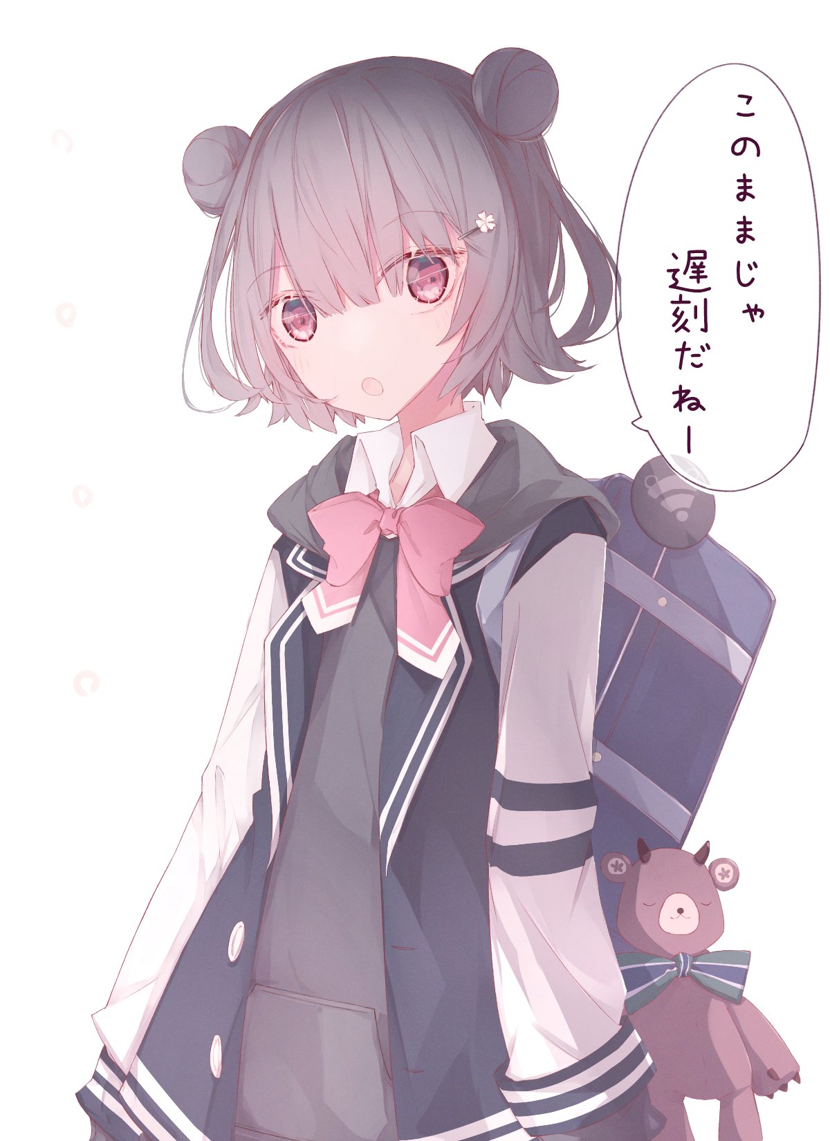 1girl backpack badge bag blazer blue_jacket closed_eyes commentary double_bun gavrof grey_hair grey_hoodie grey_sweater hair_bun hair_ornament hairclip hand_up highres hood hooded_sweater horns jacket koharu_rikka lakiston looking_at_viewer open_mouth school_uniform short_hair smile speech_bubble stuffed_animal stuffed_toy sweater teddy_bear translated upper_body violet_eyes voiceroid white_background