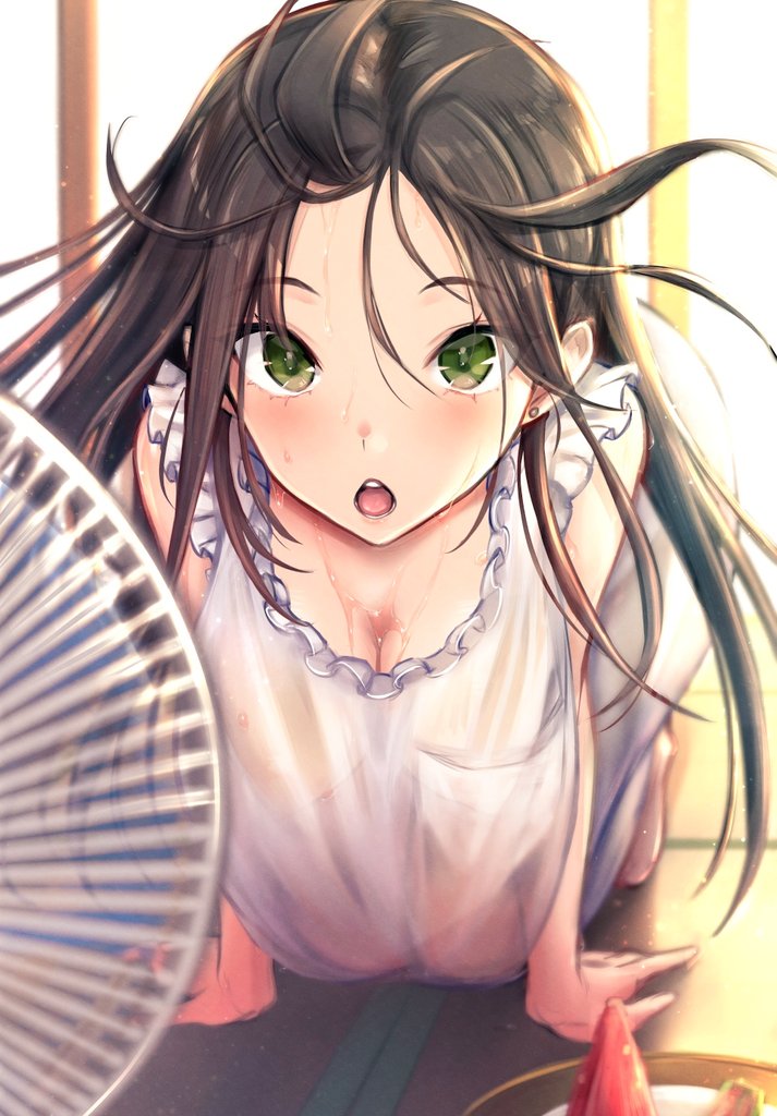 1girl all_fours apron bare_arms bare_shoulders blush breasts brown_hair commentary_request earrings fan fan_speaking floating_hair green_eyes jewelry large_breasts long_hair looking_at_viewer mappaninatta on_ground open_mouth original solo sweat upper_teeth white_apron