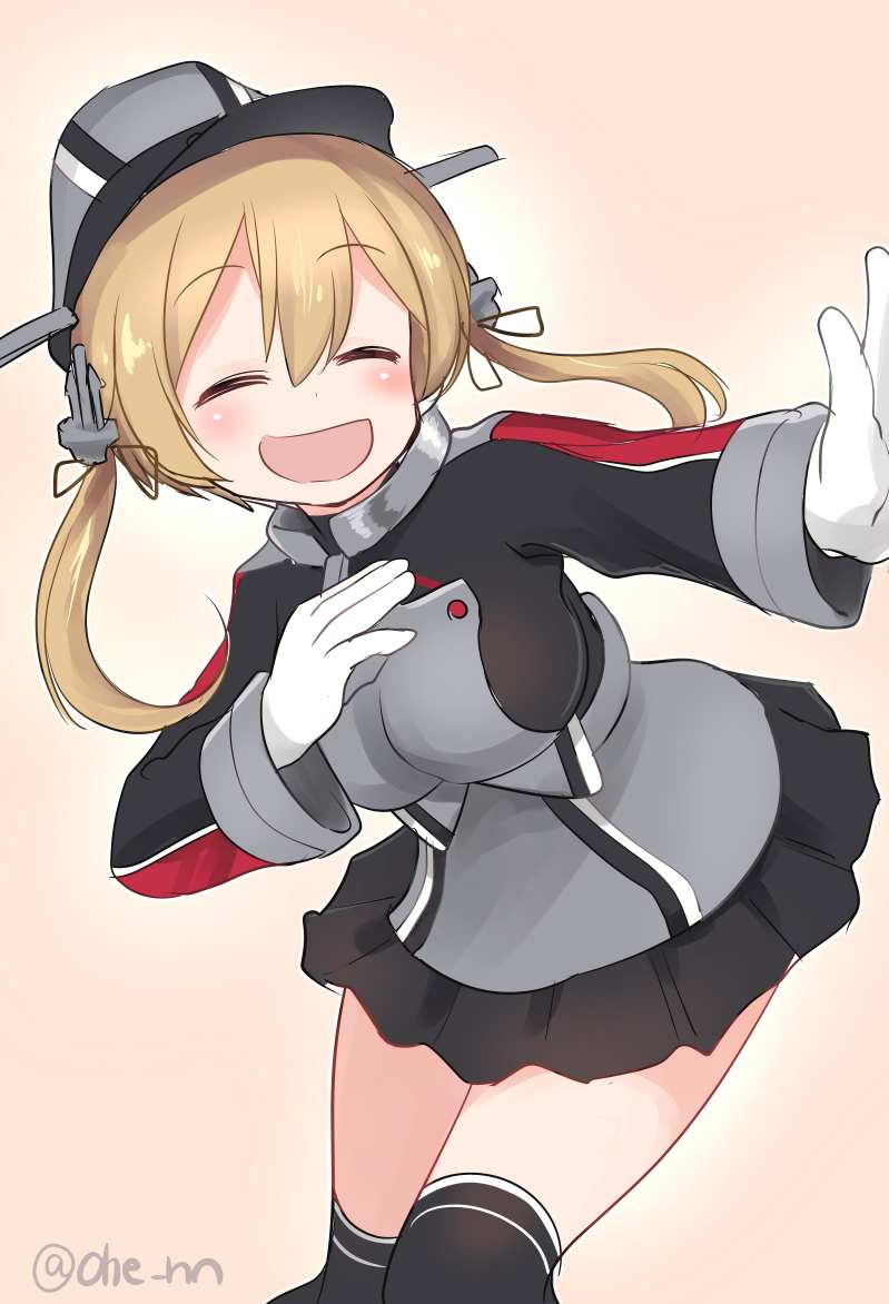 1girl ahenn anchor anchor_hair_ornament bangs black_headwear black_legwear black_skirt blonde_hair closed_eyes commentary_request eyebrows_visible_through_hair gloves hair_between_eyes hair_ornament hat kantai_collection long_hair long_sleeves low_twintails microskirt military military_hat military_uniform open_mouth peaked_cap pleated_skirt prinz_eugen_(kantai_collection) skirt smile solo thigh-highs twintails twitter_username uniform white_gloves