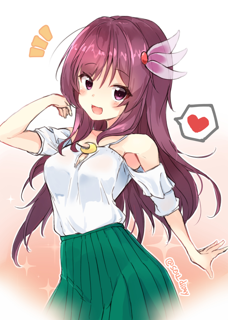 1girl :d alternate_costume bare_shoulders blush crescent crescent_moon_pin eyebrows_visible_through_hair green_skirt heart kantai_collection kisaragi_(kantai_collection) long_hair looking_at_viewer notice_lines open_mouth pleated_skirt purple_hair skirt smile solo sou_(soutennkouchi) spoken_heart violet_eyes