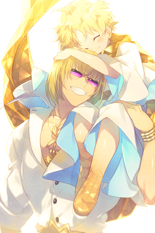 2boys baggy_clothes bangs blonde_hair blush chest cis05 eyebrows_visible_through_hair fate/grand_order fate/requiem fate_(series) glasses holding jewelry light male_focus multiple_boys muscle on_shoulder open_clothes open_shirt parted_bangs sakata_kintoki_(fate/grand_order) scarf shiny shiny_hair shirt short_sleeves smile sunglasses toned toned_male upper_body voyager_(fate/requiem) white_shirt yellow_scarf