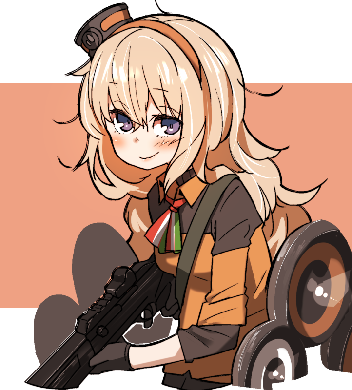 1girl amonitto blonde_hair blue_eyes blush commentary_request fabarm_sat-8 girls_frontline gloves gun hairband italian_flag_neckwear long_hair looking_at_viewer messy_hair orange_hairband s.a.t.8_(girls_frontline) shotgun smile solo very_long_hair weapon