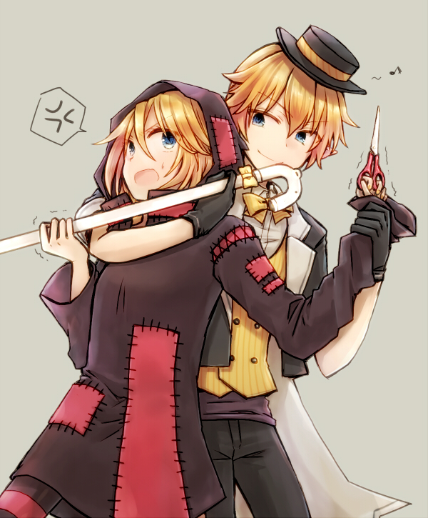 1boy 1girl anger_vein arm_around_neck black_dress black_headwear black_jacket black_pants commentary cowboy_shot dress eighth_note formal grey_background haine_koko holding holding_another's_arm holding_cane holding_scissors hooded_dress jacket kagamine_len kagamine_rin looking_at_another musical_note open_mouth pants patchwork_clothes project_diva_(series) restrained scissors scissors_(module) smile spoken_anger_vein standing suit sweatdrop trembling tricker_(module) v-shaped_eyebrows vest vocaloid yellow_vest