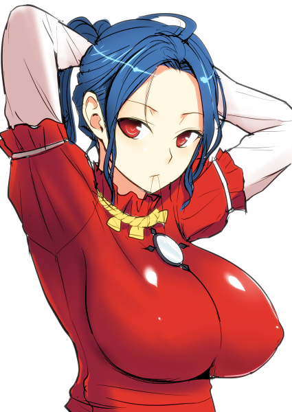 1girl adjusting_hair arms_behind_head arms_up blue_hair blush breasts commentary_request covered_nipples diisuke juliet_sleeves large_breasts long_sleeves looking_at_viewer mirror mouth_hold puffy_sleeves red_eyes red_shirt rope shirt solo string touhou tying_hair upper_body white_background yasaka_kanako