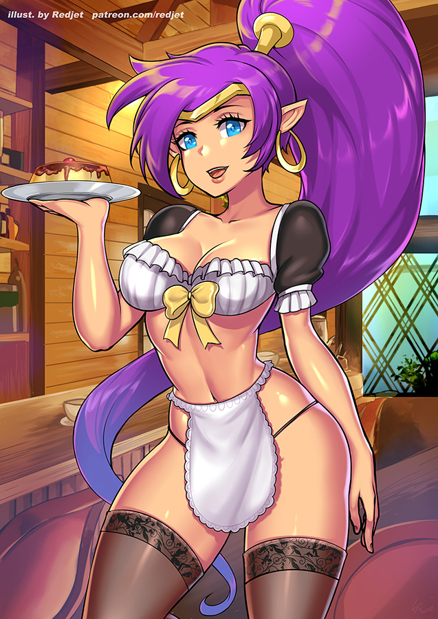 1girl blue_eyes breasts dark_skin earrings food giovanni_zaccaria gold_hairband jewelry lace lace-trimmed_legwear long_hair looking_down maid midriff pointy_ears ponytail pudding purple_hair shantae_(character) shantae_(series) tan thigh-highs thong tied_hair