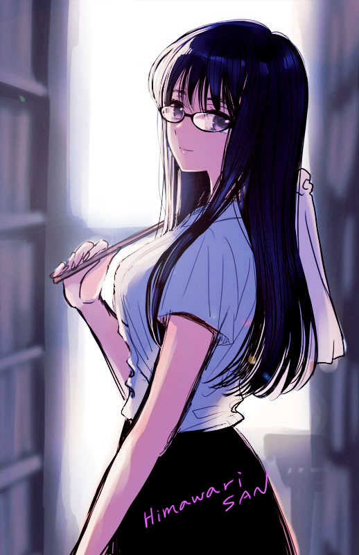 1girl bangs black-framed_eyewear black_hair black_skirt blurry blurry_background book bookshelf bookstore breasts character_name commentary_request copyright_name cowboy_shot from_side glasses himawari-san himawari-san_(character) indoors lips long_hair looking_at_viewer medium_breasts multicolored_hair purple_hair shirt shop skirt solo standing sugano_manami two-tone_hair violet_eyes white_shirt