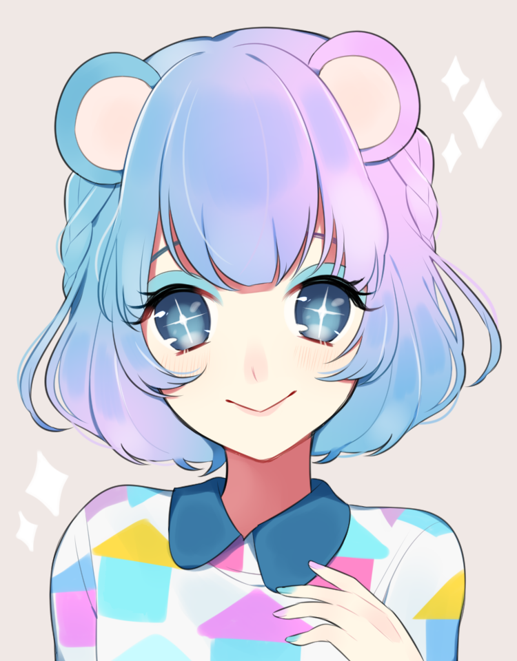 +_+ 1girl :&gt; animal_ears bangs bear_ears blue_eyes blue_eyeshadow blue_hair blue_nails closed_mouth doubutsu_no_mori eyeshadow fingernails gradient_hair hand_up looking_at_viewer makeup mamio_(pixiv45381719) misuzu_(doubutsu_no_mori) multicolored multicolored_hair multicolored_nails personification pink_hair pink_nails solo upper_body