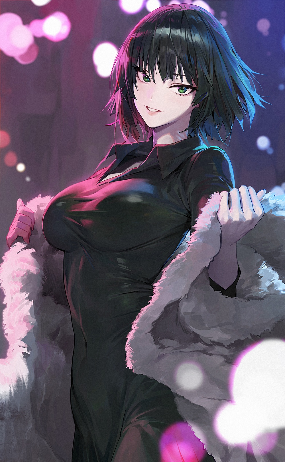 1girl bangs breasts collared_dress commentary_request covered_navel dress fubuki_(one-punch_man) fur_coat green_dress green_eyes green_hair highres holding_coat large_breasts monochrome mossi one-punch_man short_hair smile standing taut_clothes taut_dress