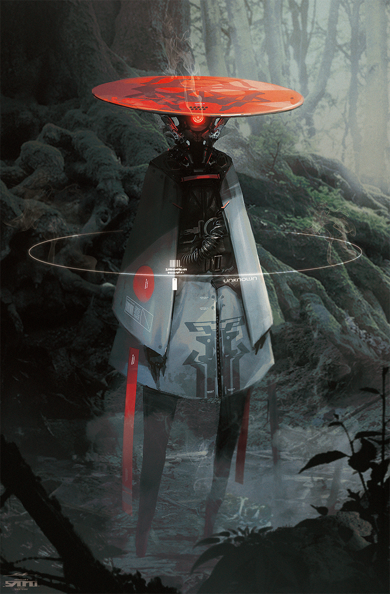android cyclops esuthio forest highres looking_at_viewer mecha nature no_humans one-eyed original red_eyes robot samurai science_fiction smoke solo