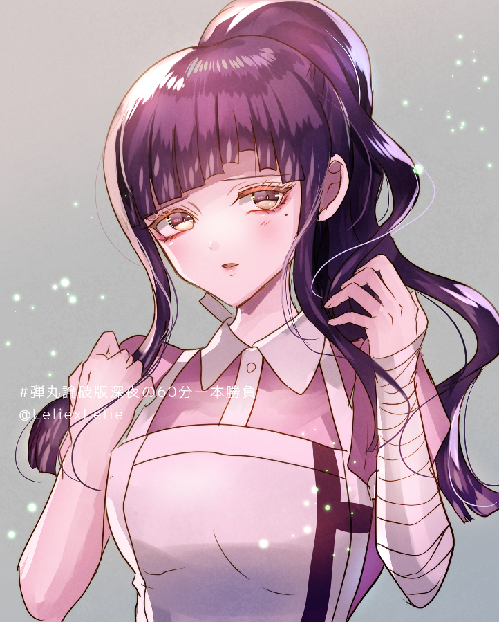 1girl alternate_hairstyle apron artist_name bandages bangs blush breasts commentary_request dangan_ronpa grey_background large_breasts long_hair looking_at_viewer mole mole_under_eye nurse open_mouth parted_lips pink_shirt ponytail purple_hair shirt simple_background solo super_dangan_ronpa_2 tsumiki_mikan violet_eyes z-epto_(chat-noir86)