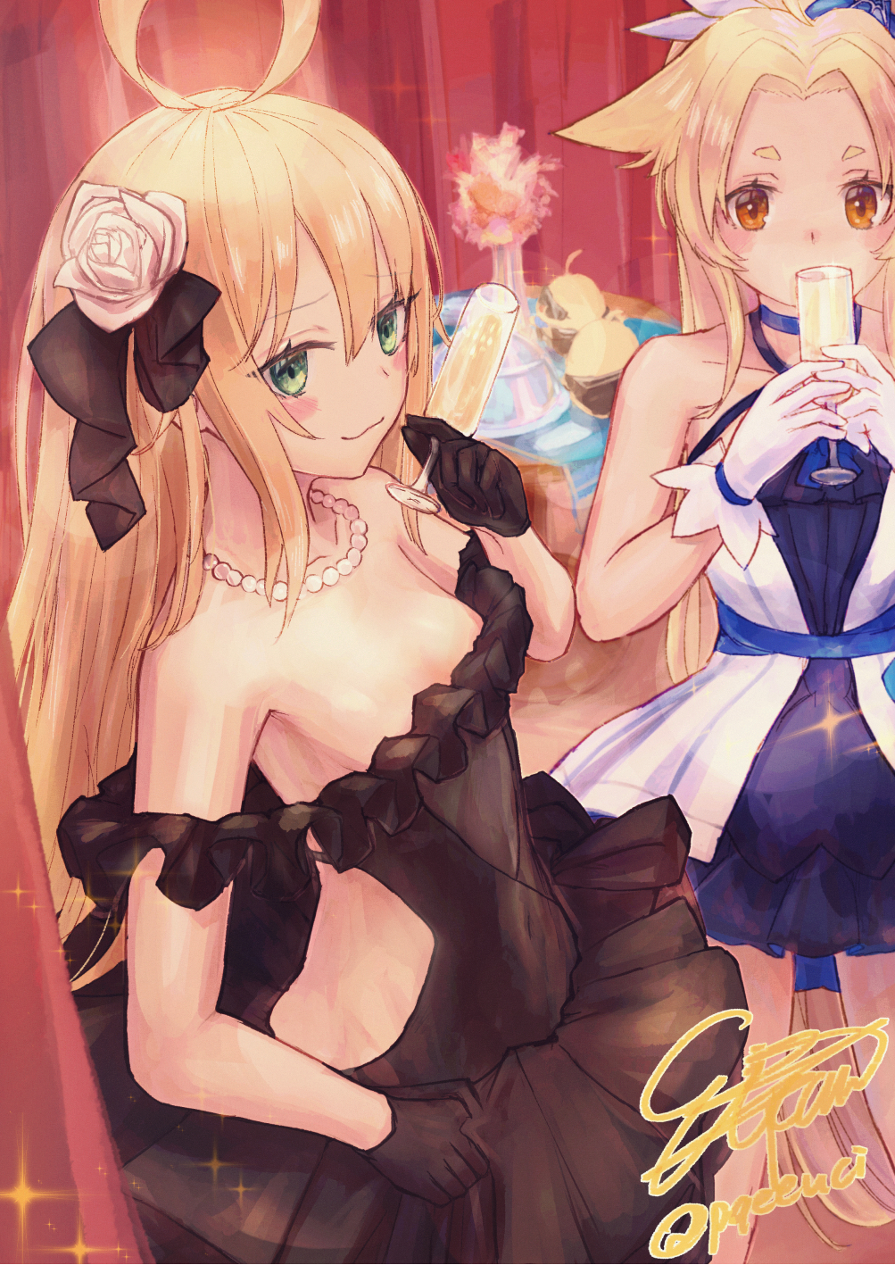 2girls :3 ahoge albacore_(azur_lane) alcohol azur_lane bangs black_dress black_gloves blonde_hair blue_choker blue_dress blush_stickers breasts cavalla_(azur_lane) champagne champagne_flute choker collarbone commentary cup dress drinking_glass eicam evening_gown eyebrows_visible_through_hair flower frilled_skirt frills gloves green_eyes hair_between_eyes hair_flower hair_ornament highres jewelry long_hair long_ponytail looking_at_viewer multiple_girls necklace orange_eyes parted_bangs pearl_necklace ponytail rose side_slit signature skirt small_breasts standing straight_hair twitter_username very_long_hair white_flower white_gloves white_rose