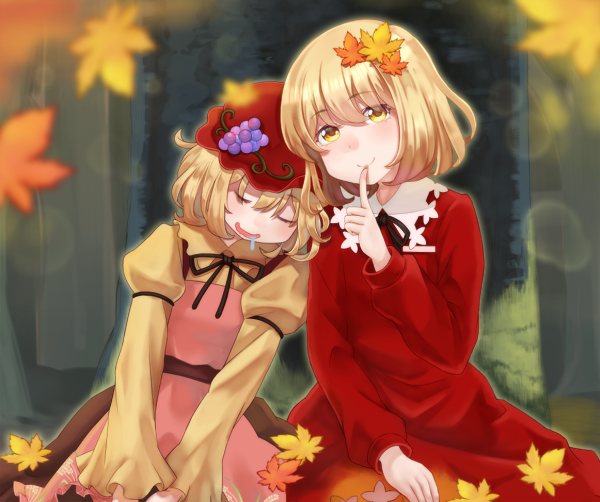 2girls aki_minoriko aki_shizuha apron autumn_leaves black_ribbon blonde_hair bogyaku_no_m brown_skirt collared_dress dress drooling eyebrows_visible_through_hair food food_themed_hair_ornament fruit grape_hair_ornament grapes hair_ornament hand_to_own_mouth leaf leaf_hair_ornament leaf_on_head long_sleeves maple_leaf multiple_girls orange_apron red_dress red_headwear ribbon shirt short_hair siblings sisters skirt sleeping touhou tree yellow_eyes yellow_shirt