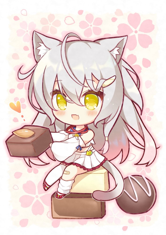 1girl ahoge animal_ear_fluff animal_ears bandaged_leg bandages bangs blush cat_ears cat_tail chibi commentary crop_top detached_sleeves eyebrows_visible_through_hair fang floral_background food food_request hair_between_eyes hair_ornament hairclip holding holding_food jewelry kuro_(sakura_moyu) long_hair looking_at_viewer necklace open_mouth pleated_skirt ryuuka_sane sakura_moyu sidelocks sitting_on_food skin_fang skirt solo tail white_hair white_skirt white_sleeves yellow_eyes